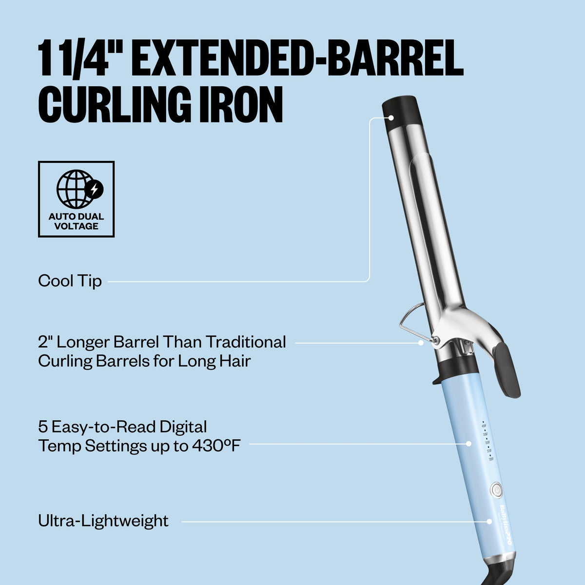 BabylissPRO Nano Titanium curling iron features a 1 1/4" extended barrel for long hair, cool tip, and 5 digital heat settings up to 430°F.