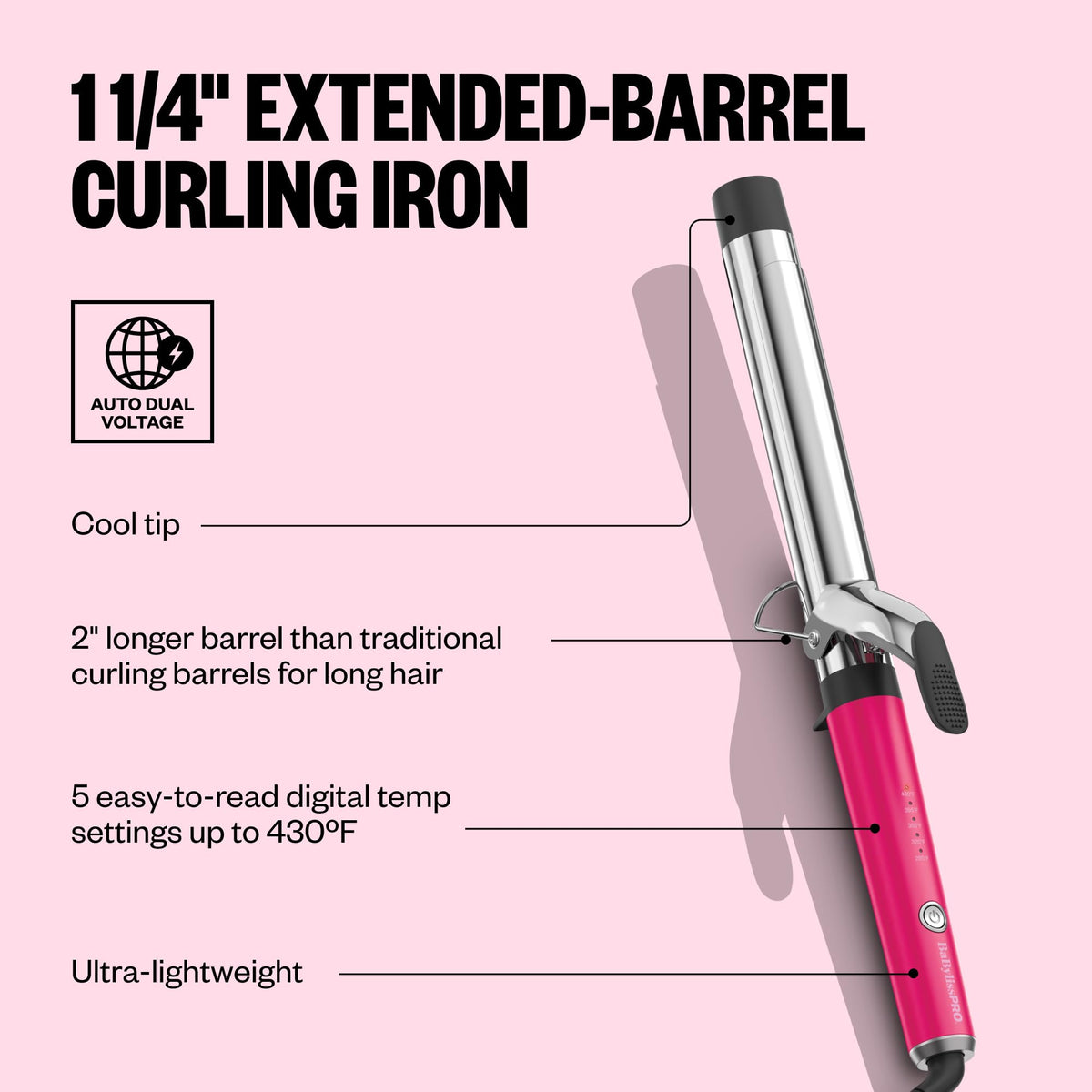 BabylissPRO Nano Titanium curling iron features an extended barrel, auto dual voltage, and digital temperature control for styling long hair.