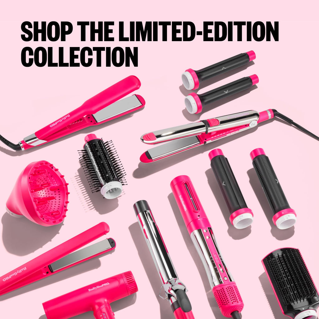 Colorful BabylissPRO Nano Titanium styling tools in pink, showcasing a limited-edition collection for professional haircare. Verified by CuratCart.