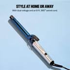 BabylissPRO Nano Titanium curling iron features dual voltage, 360° swivel cord, perfect for authentic styling at home or away.