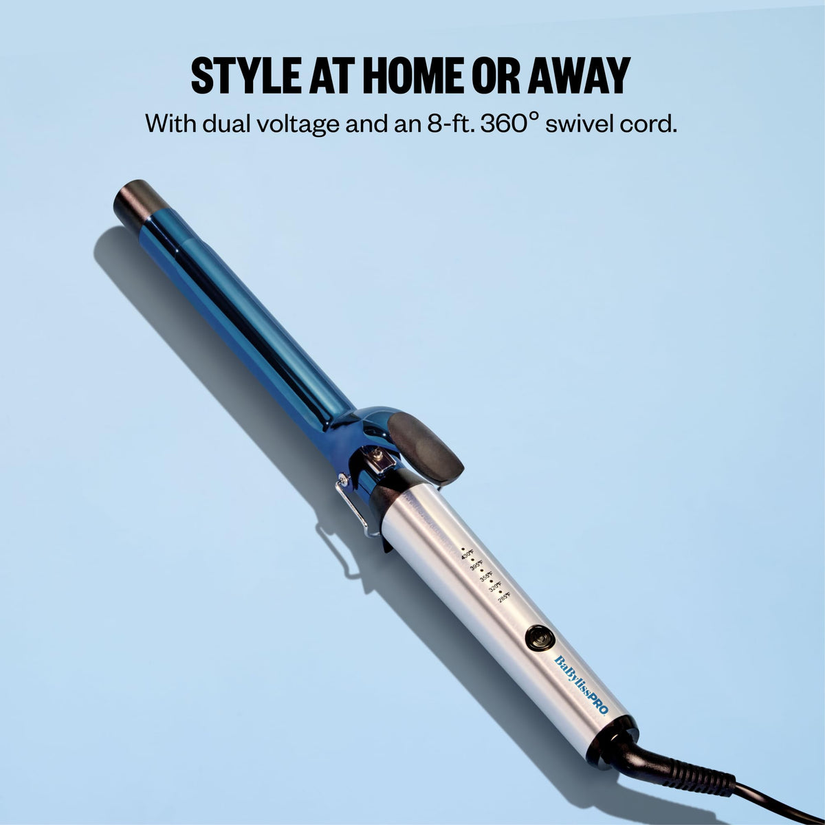 BabylissPRO Nano Titanium curling iron features dual voltage, 360° swivel cord, perfect for authentic styling at home or away.