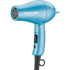BaBylissPRO Nano Titanium Travel Hair Dryer in blue. Lightweight, compact design with adjustable settings for on-the-go styling.