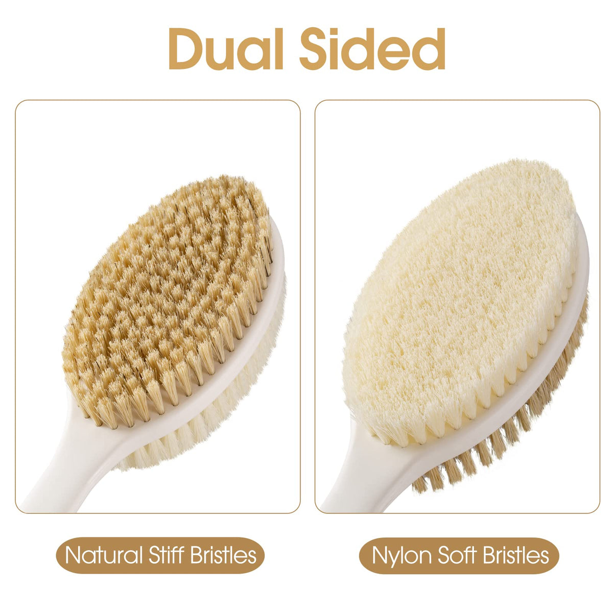 Premium imported back scrubber with natural stiff bristles on one side and soft nylon bristles on the other for effective exfoliation.