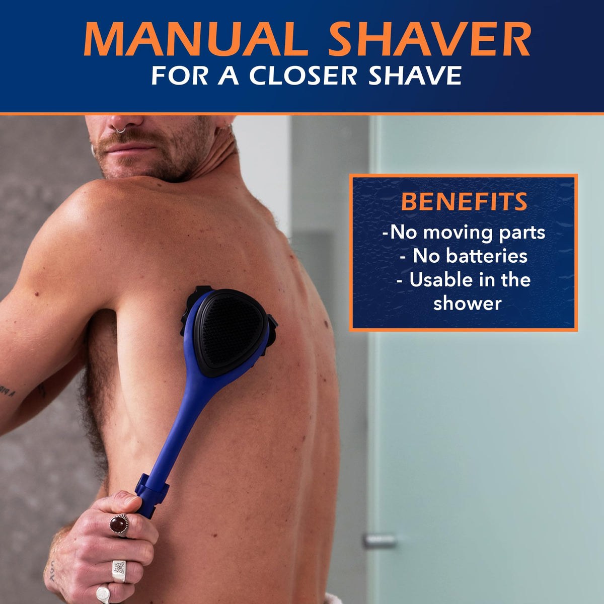 Discover the BakBlade Elite Back Shaver in high-quality packaging, designed for a closer shave without batteries. Available at Curat Cart.