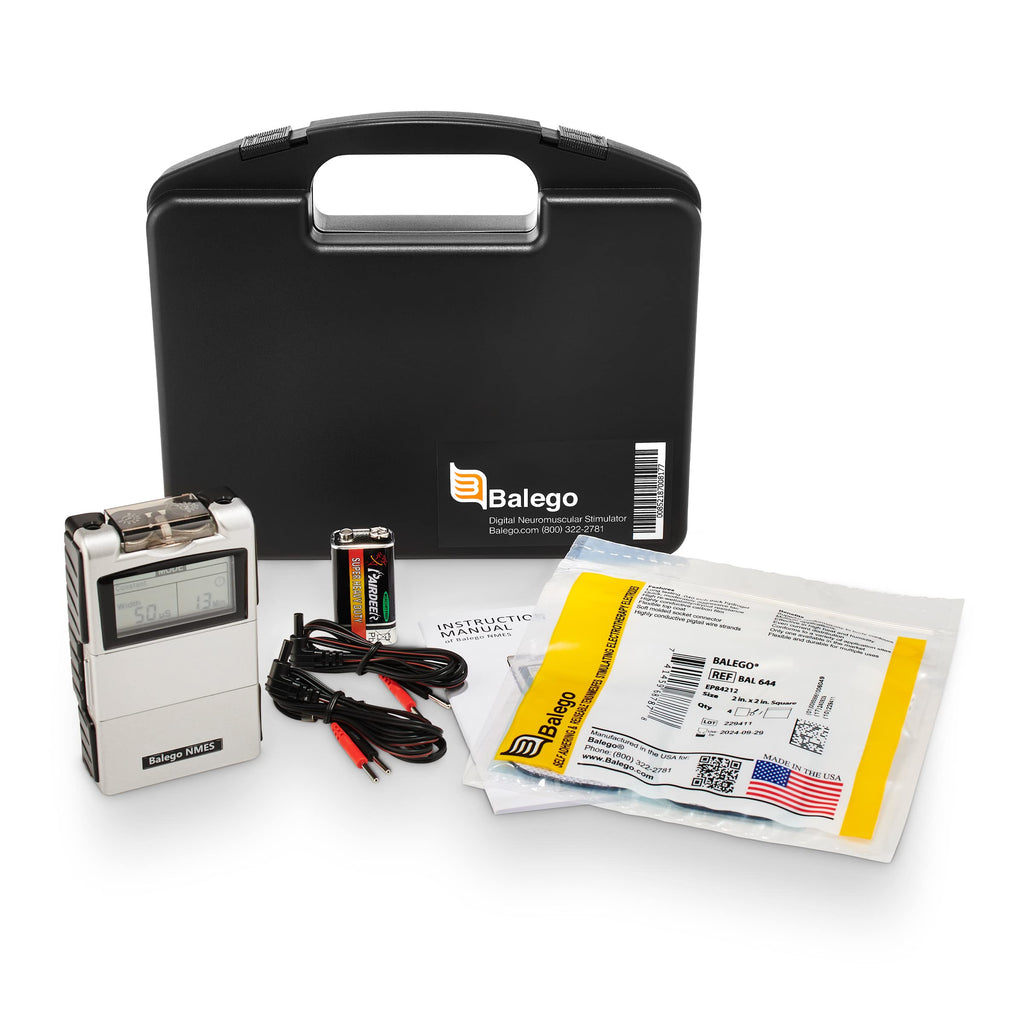 Balego EMS Neuromuscular Stimulator kit includes device, battery, and instructions. 100% Authentic, available at Curat Cart.