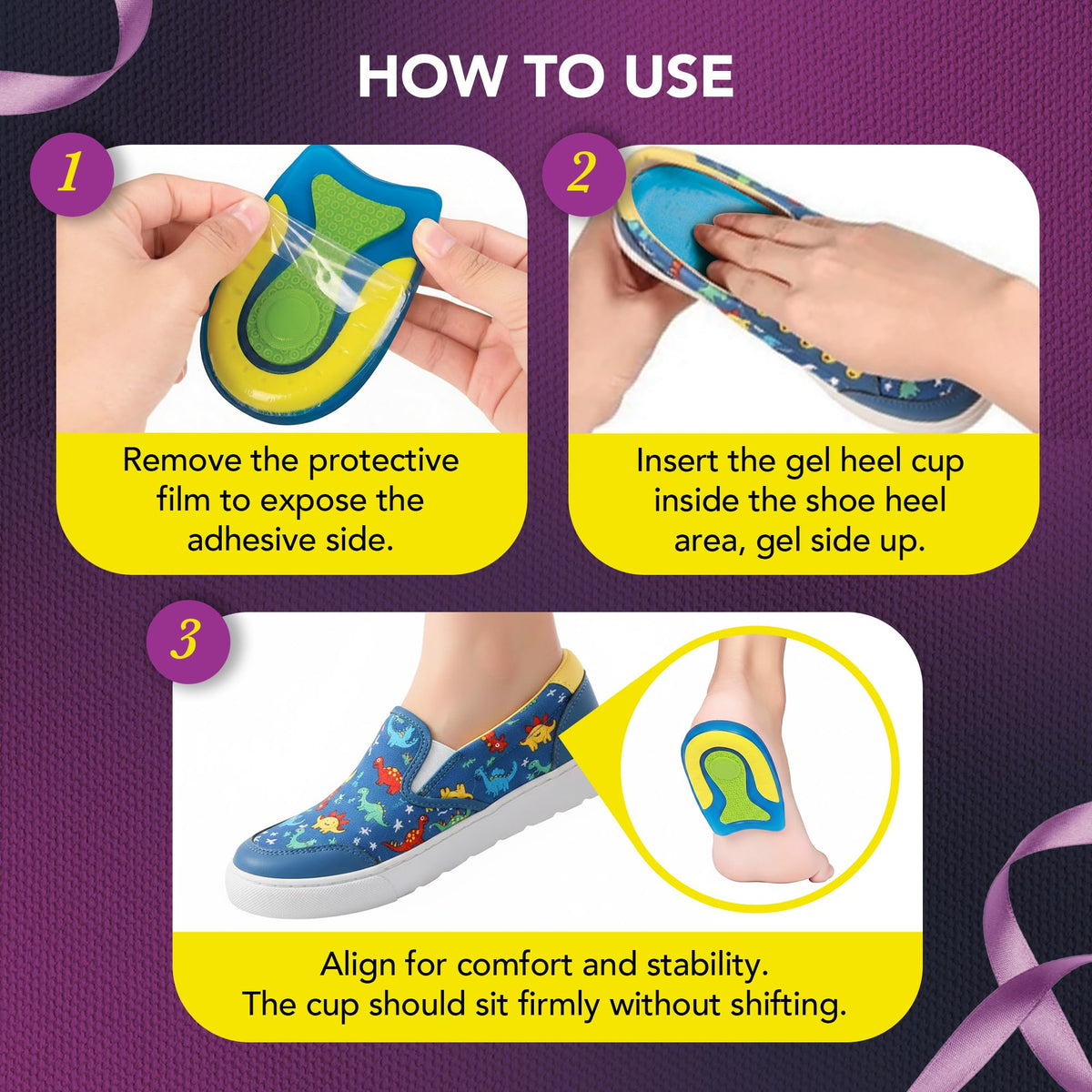 Premium imported Ballotte Heel Cups for Kids demonstrated in three easy steps for comfort and stability. Available at Curat Cart.