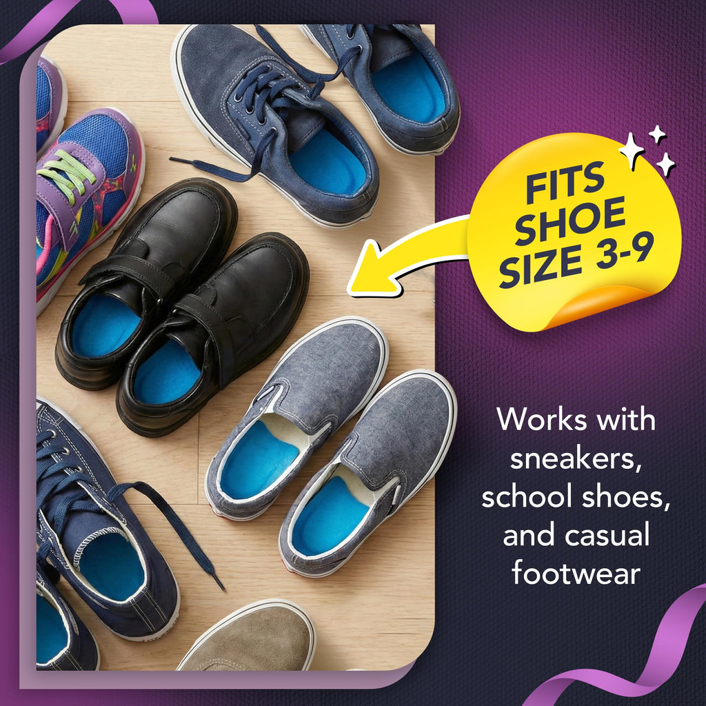 Ballotte Heel Cups for Kids fit shoe sizes 3-9, compatible with sneakers and school shoes. Available at Curat Cart, 100% Authentic.