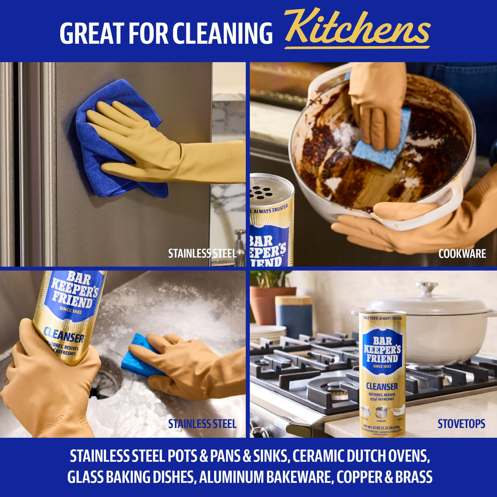 Bar Keepers Friend Powder Cleanser in official packaging, ideal for cleaning kitchens, stainless steel, and cookware. Available at Curat Cart.
