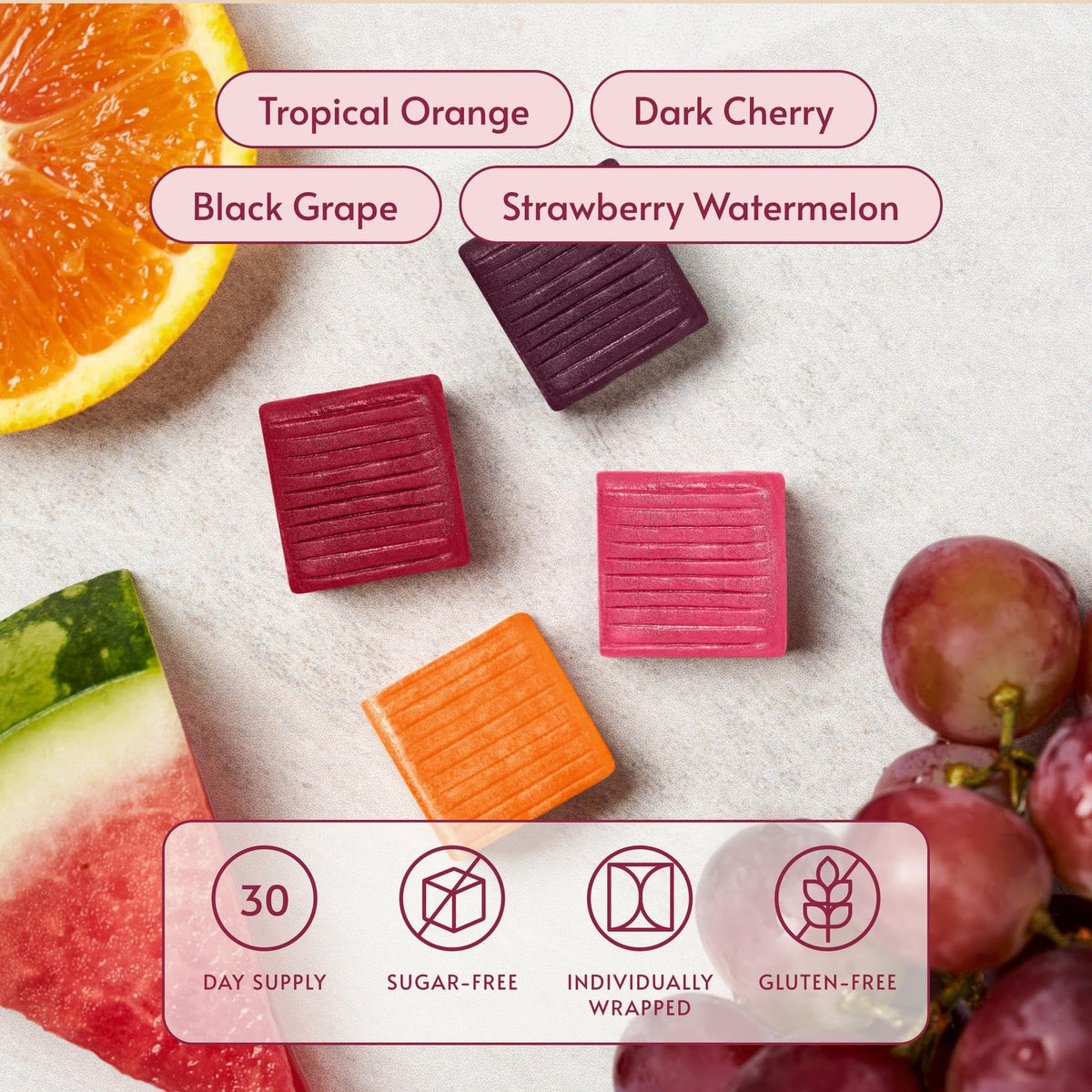 CuratCart's Bariatric Advantage Multi Chewy Bites, featuring Tropical Orange, Dark Cherry, Black Grape, Strawberry Watermelon flavors, gluten-free.