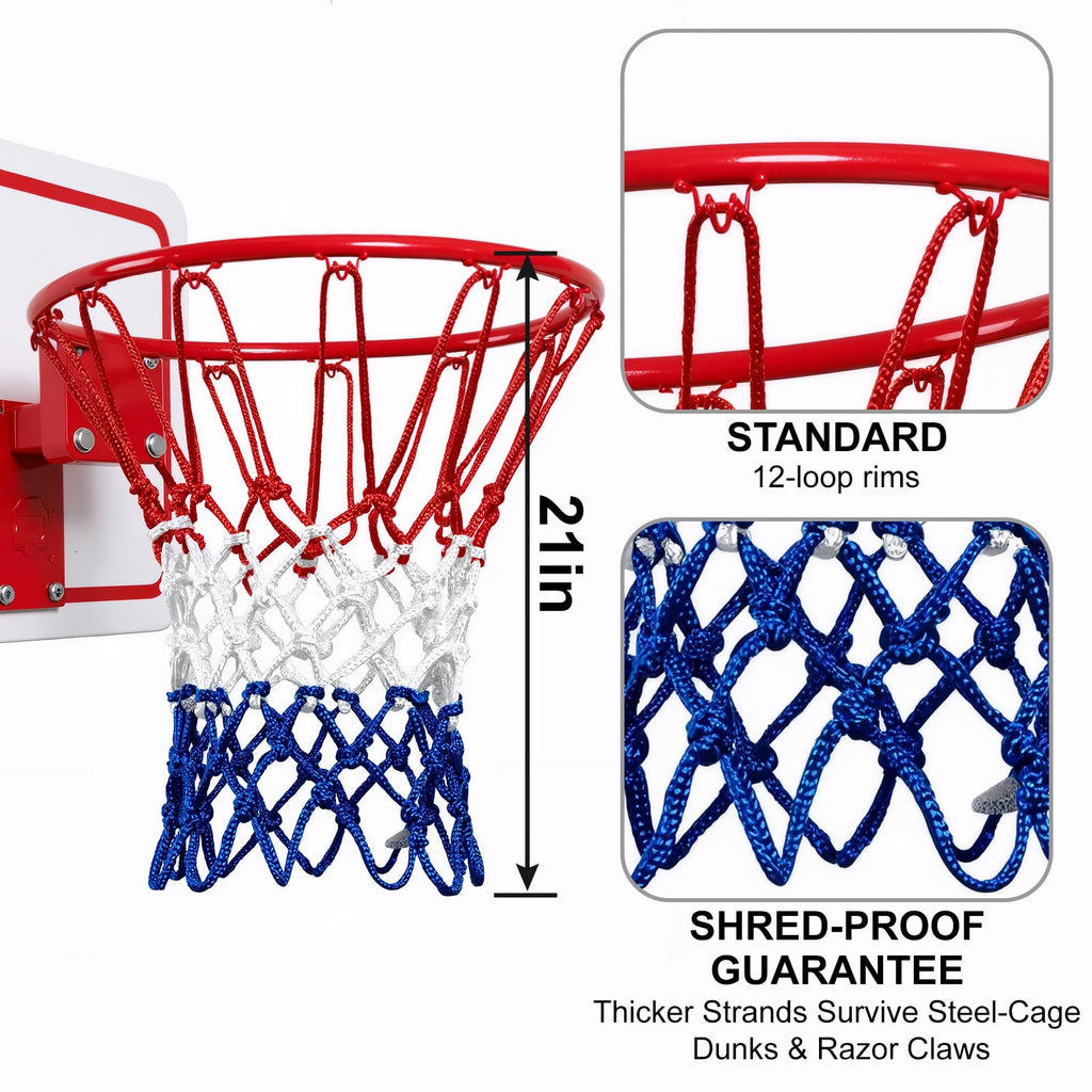 Premium imported professional basketball net replacement, featuring a shred-proof guarantee and standard 12-loop rims. Available at Curat Cart.