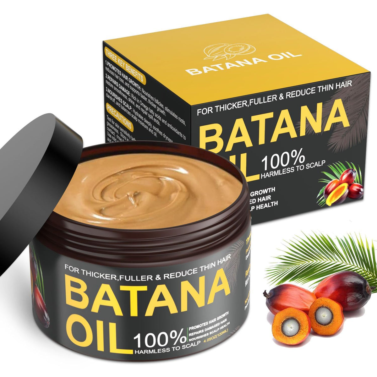 Batana Oil for hair growth, 100% genuine product in a jar with vibrant packaging, promotes thicker and fuller hair.