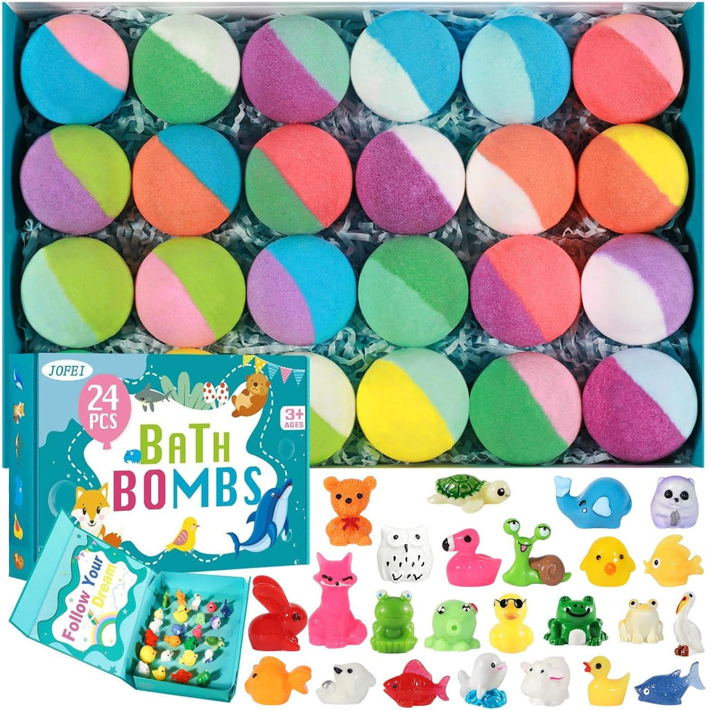 24 vibrant bath bombs for kids, each containing a fun animal toy surprise. Premium imported for joyful bath time.