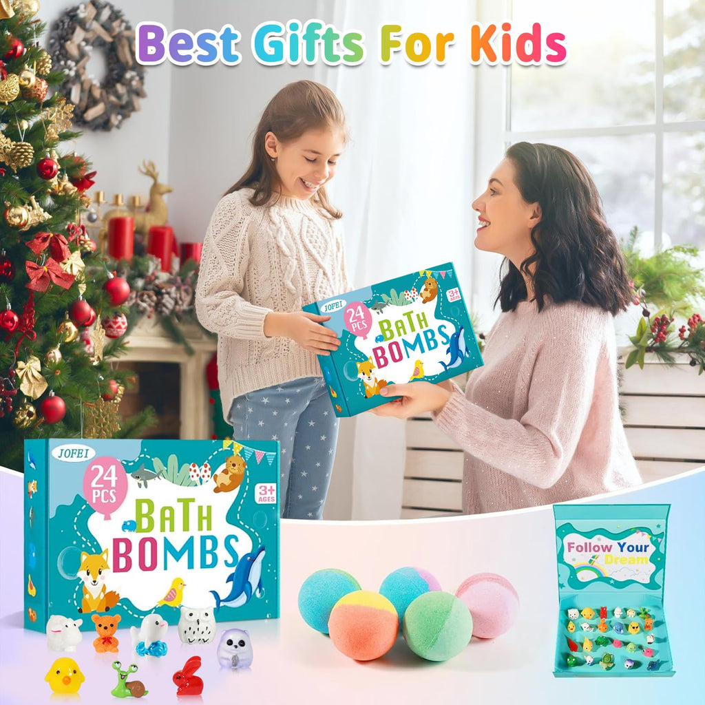 A smiling girl receives a colorful box of 24 bath bombs, revealing fun toys inside. Perfect gift idea for kids!