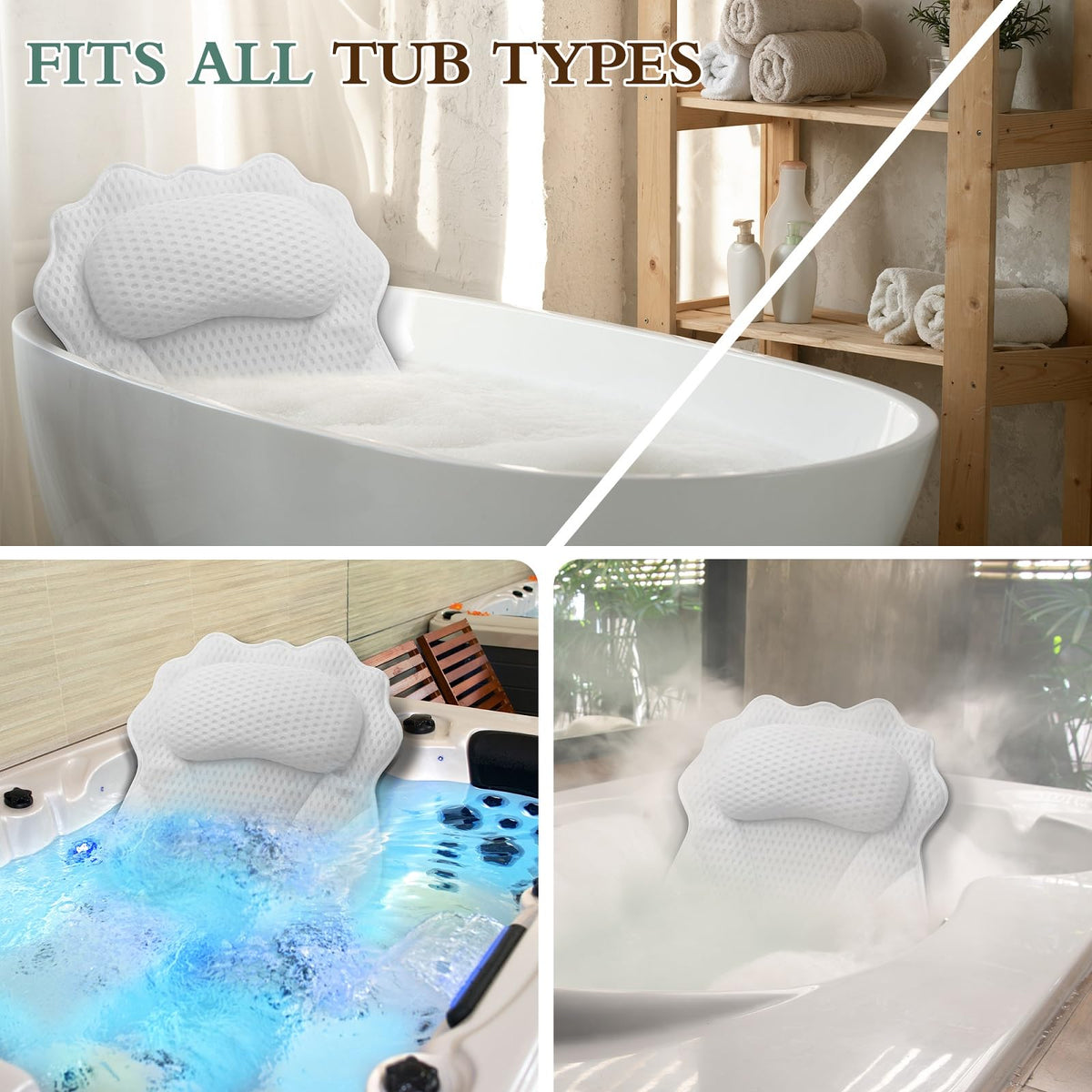 RUVINCE luxury bath pillow designed for all tub types, enhancing comfort with its ergonomic design and soft texture.
