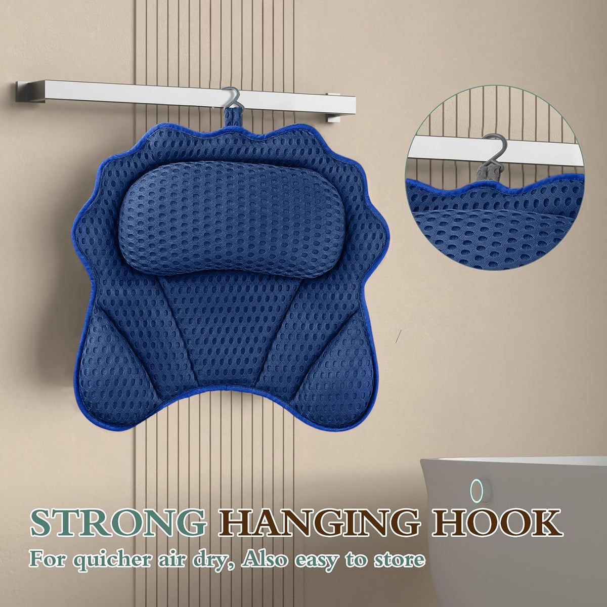 Premium imported RUVINCE bath pillow with ergonomic design, featuring a strong hanging hook for easy storage.