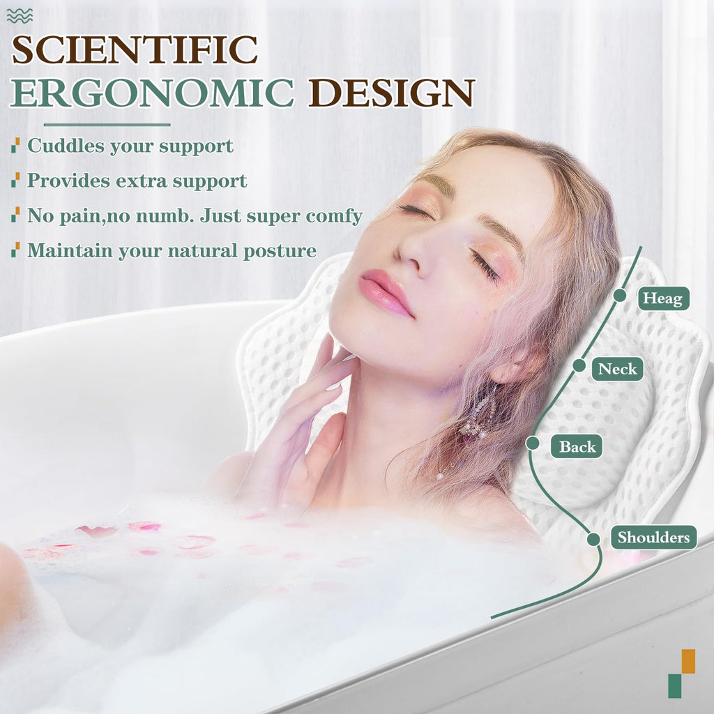 RUVINCE ergonomic bath pillow offers support for head, neck, and back, promoting comfort and a natural posture while bathing.