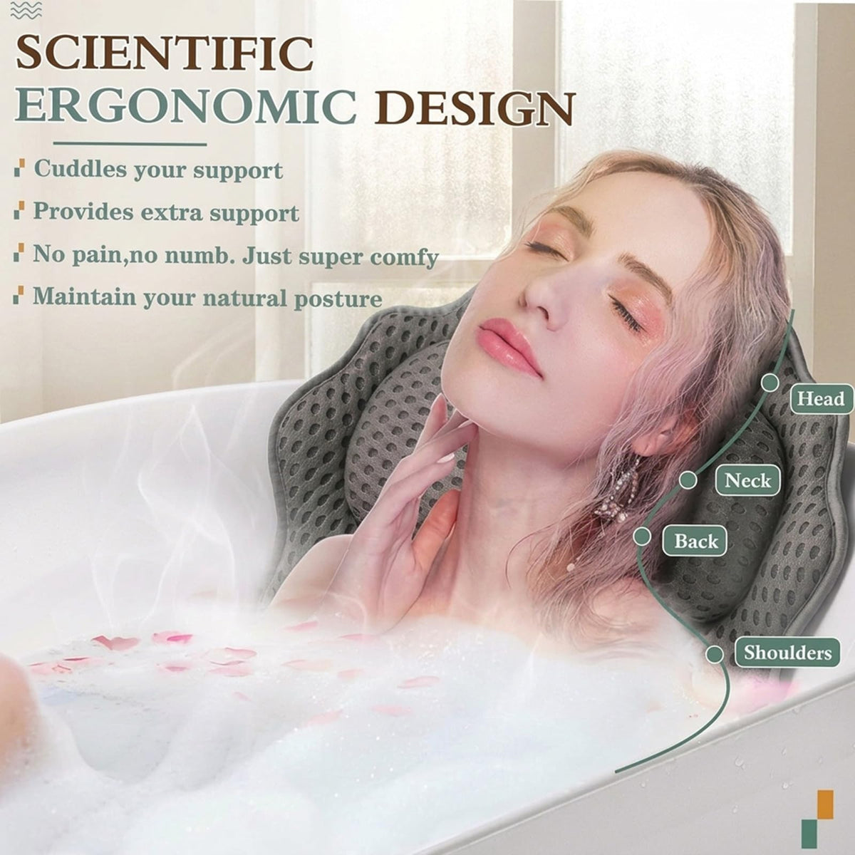 Premium imported RUVINCE bath pillow offers exceptional support for head, neck, and shoulders while ensuring comfort.