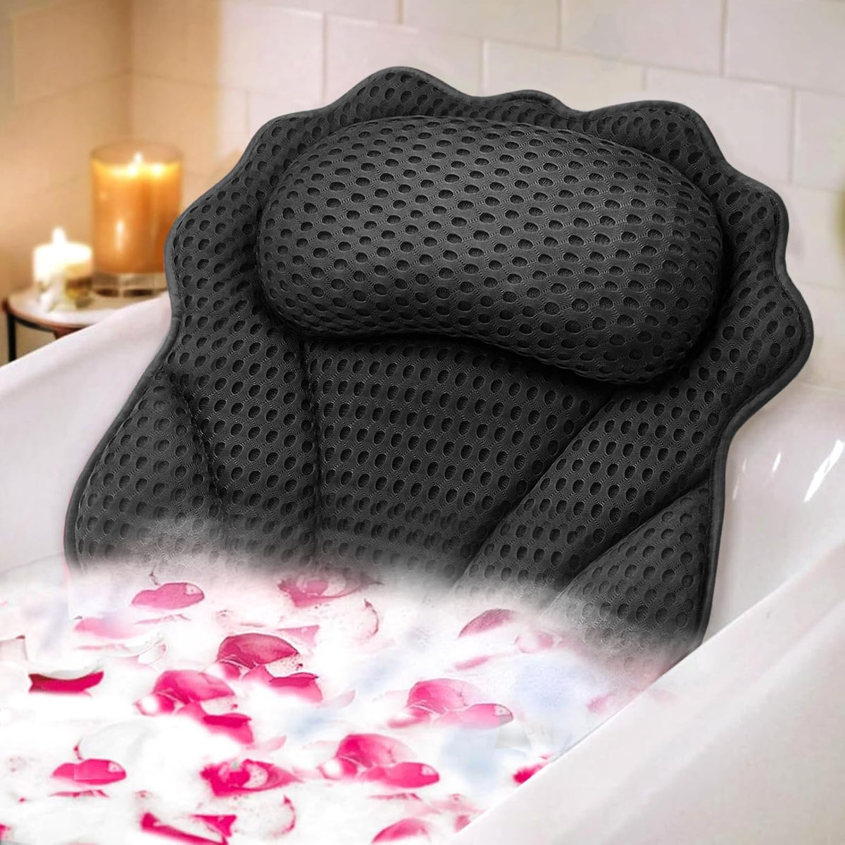 Experience ultimate relaxation with the RUVINCE ergonomic bath pillow, featuring soft mesh for comfort and support.