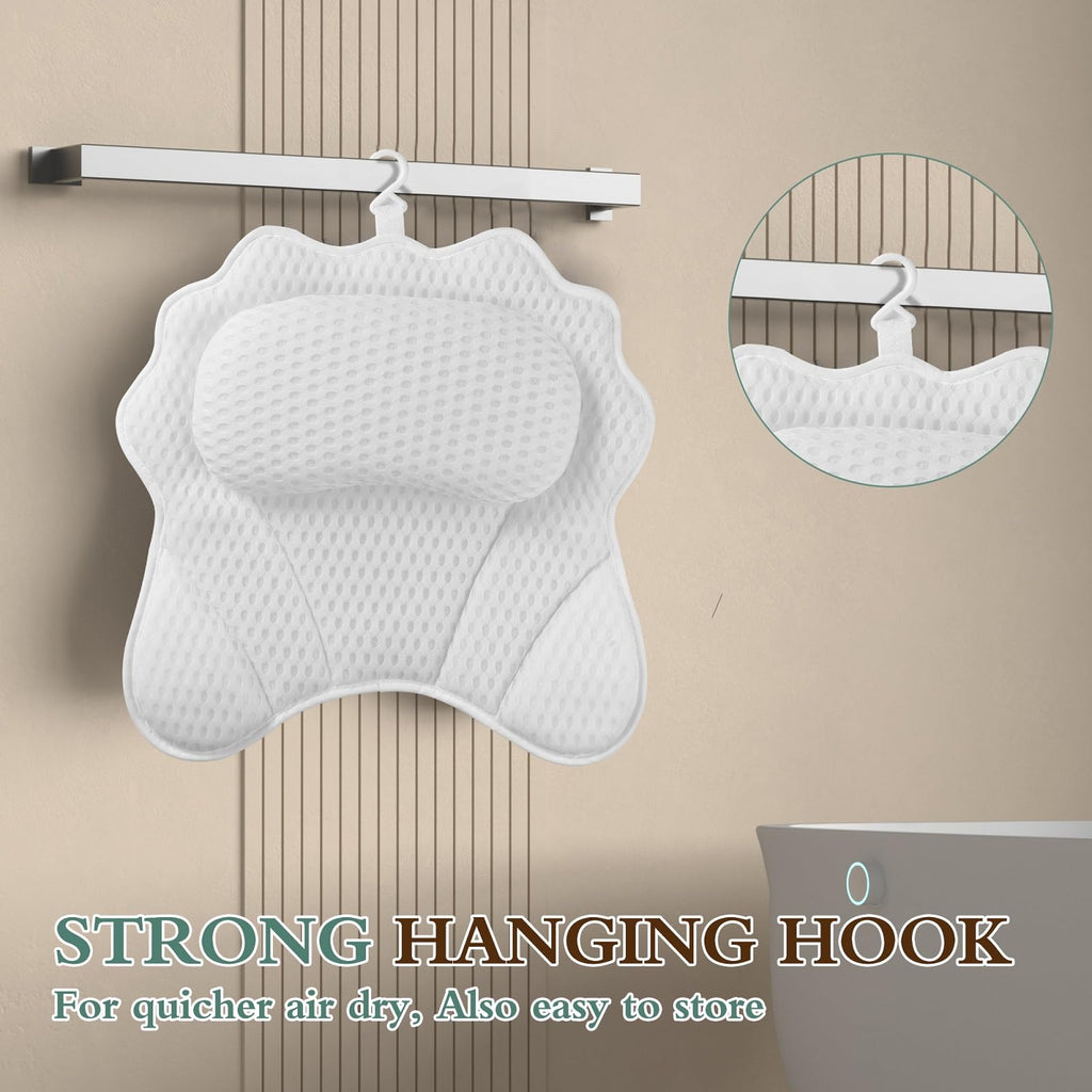 Premium imported bath pillow featuring an ergonomic design with a strong hanging hook for easy storage and air drying.
