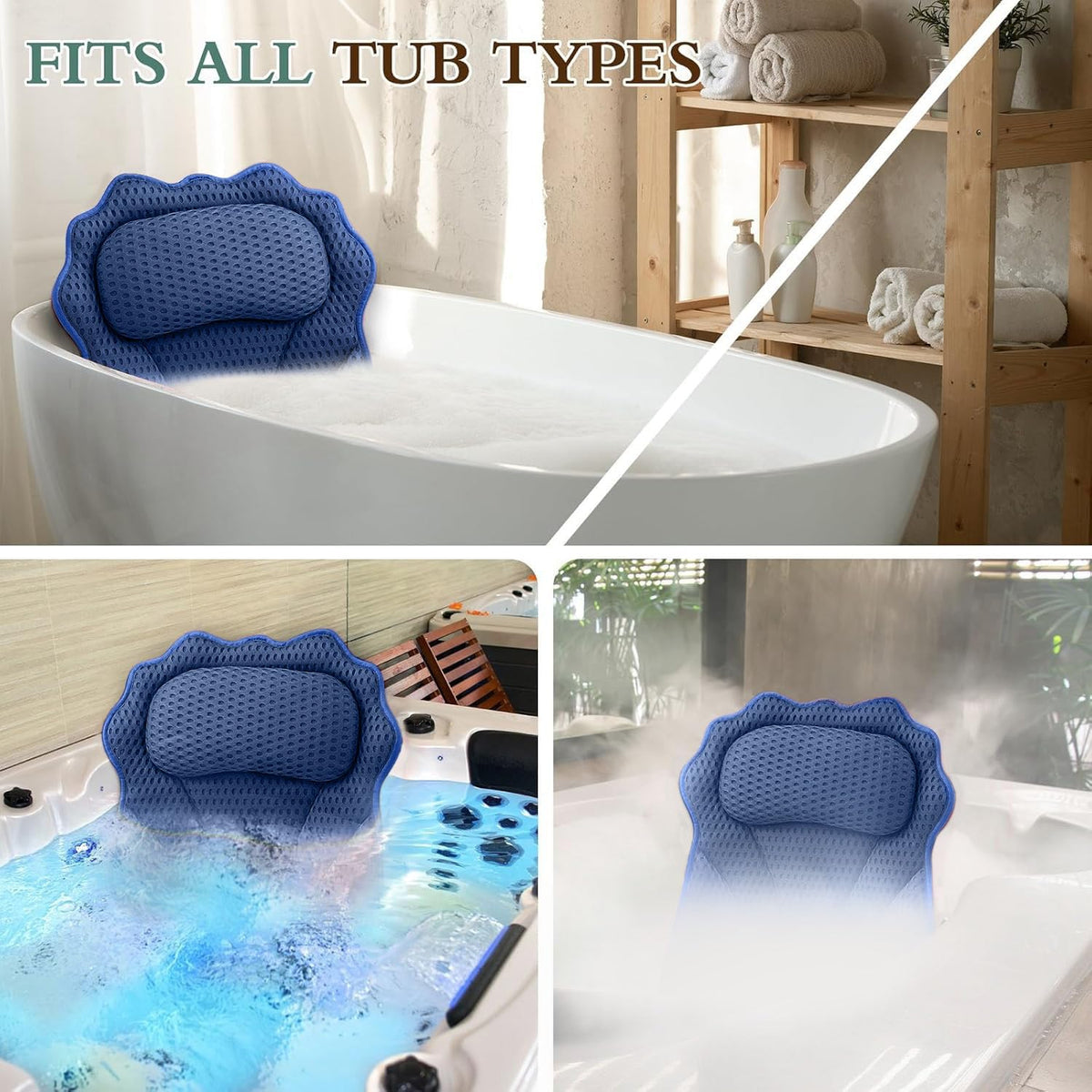 The RUVINCE ergonomic bath pillow fits all tub types, providing luxurious comfort and support. Verified by CuratCart.