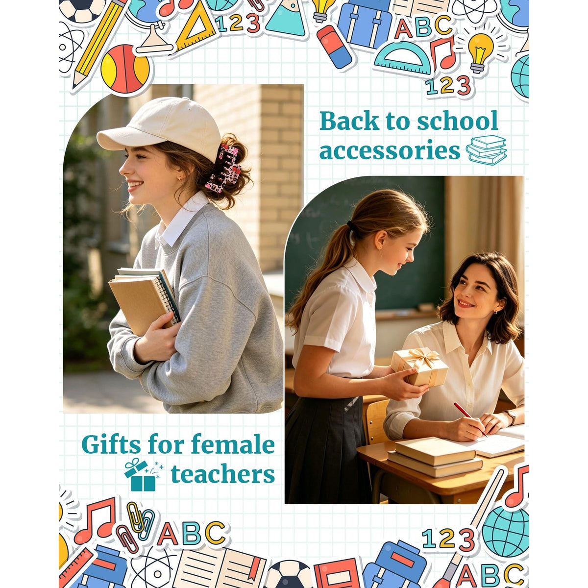 Two women wearing baseball caps with claw clips. Ideal back-to-school accessories, verified by CuratCart.
