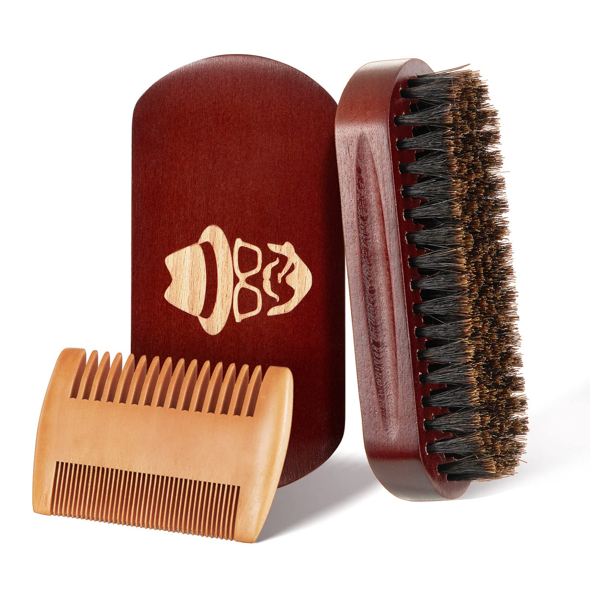 100% Genuine beard brush and comb set, featuring boar bristles and a wood finish for authentic grooming experience.