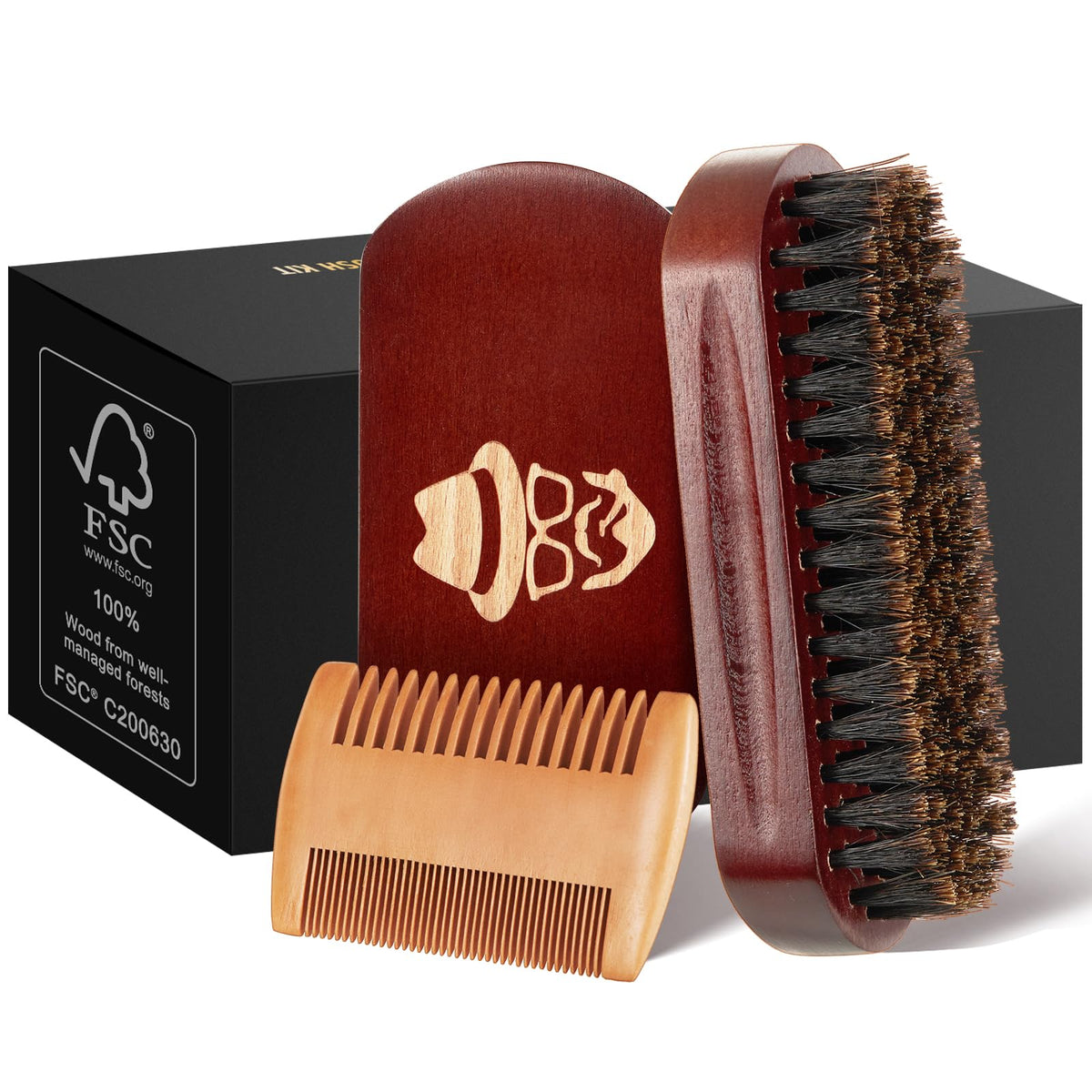 Premium beard brush and comb set in elegant packaging, crafted from natural materials for optimal grooming.