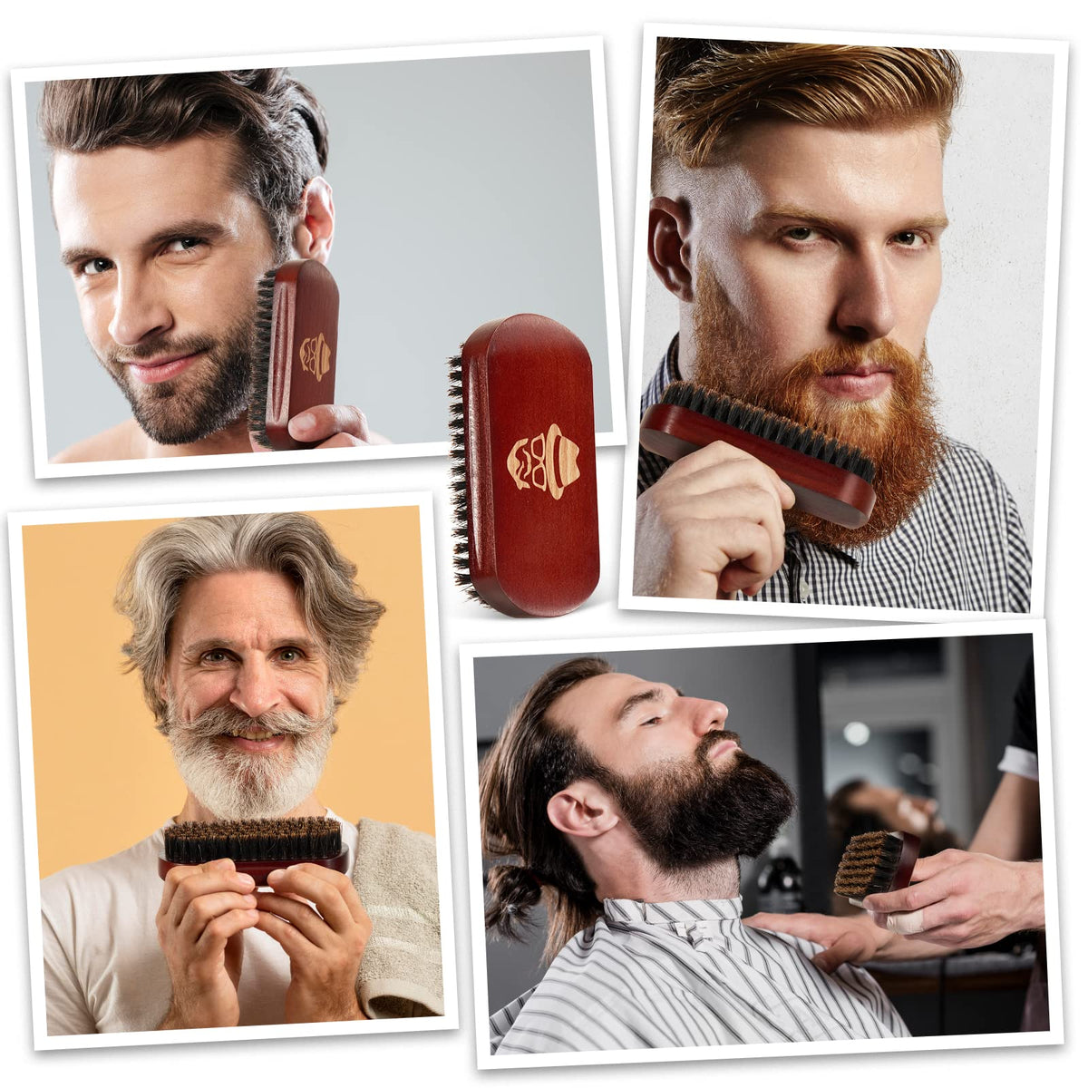 Stylish men grooming their beards with a boar bristle brush. Verified by CuratCart for quality grooming essentials.