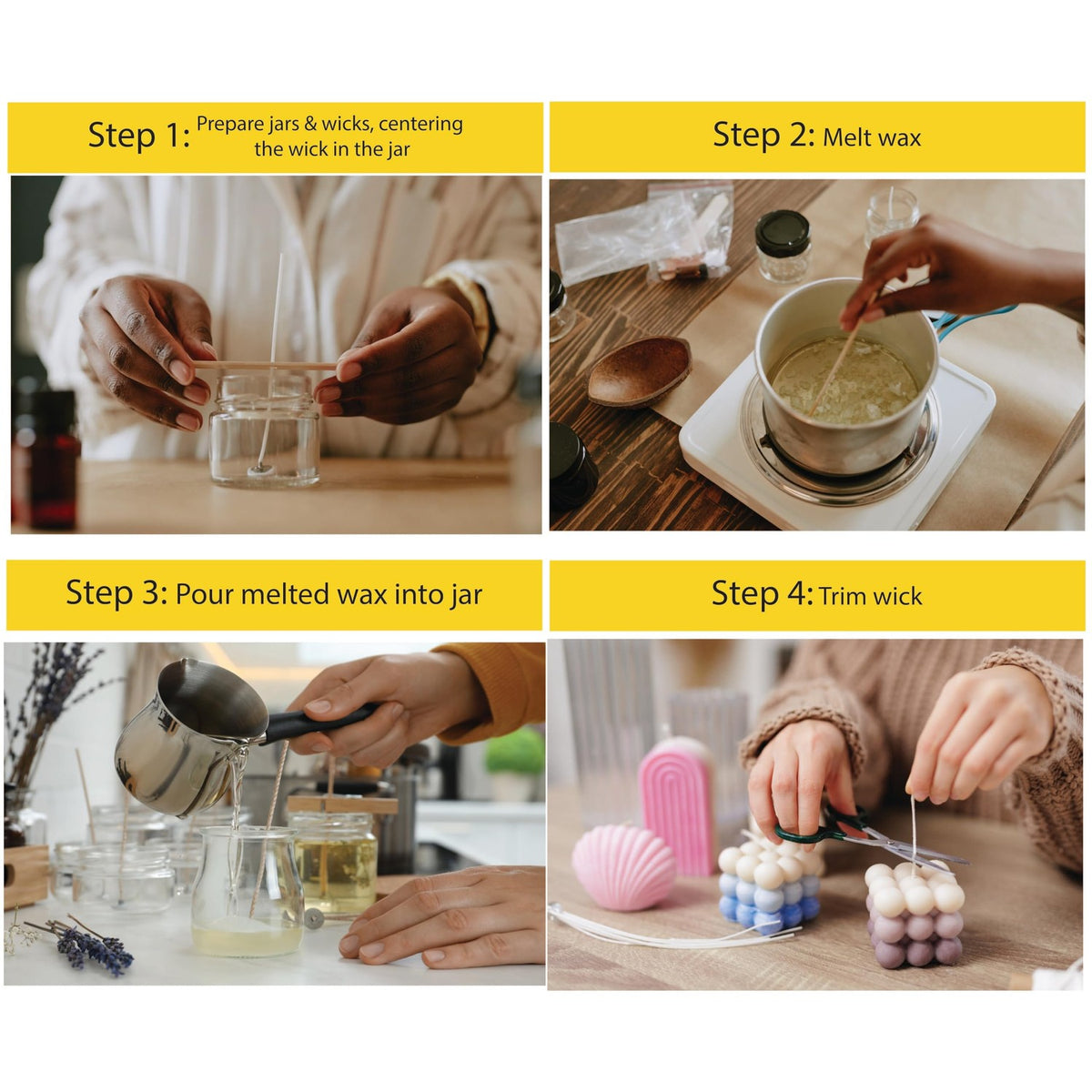 Beesworks Cotton Candle Wick showcased in a step-by-step guide for candle making, available at Curat Cart, 100% Authentic in India.