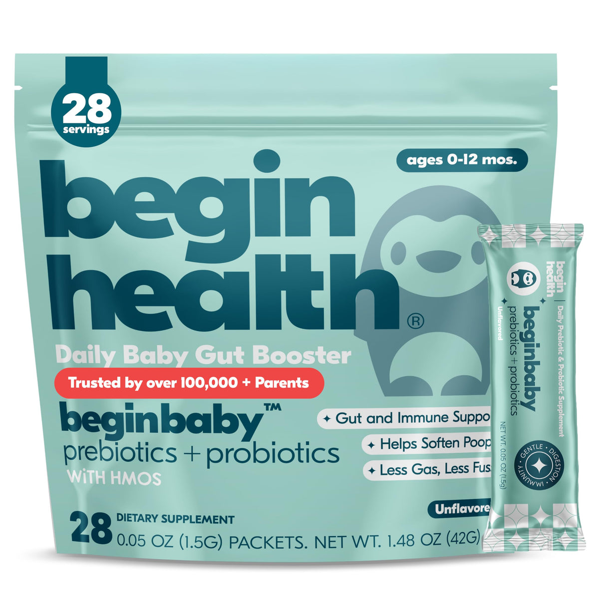 Authentic Begin Health Beginbaby Prebiotics Probiotics for infants, promoting gut health and immunity. Unflavored, 28 servings.