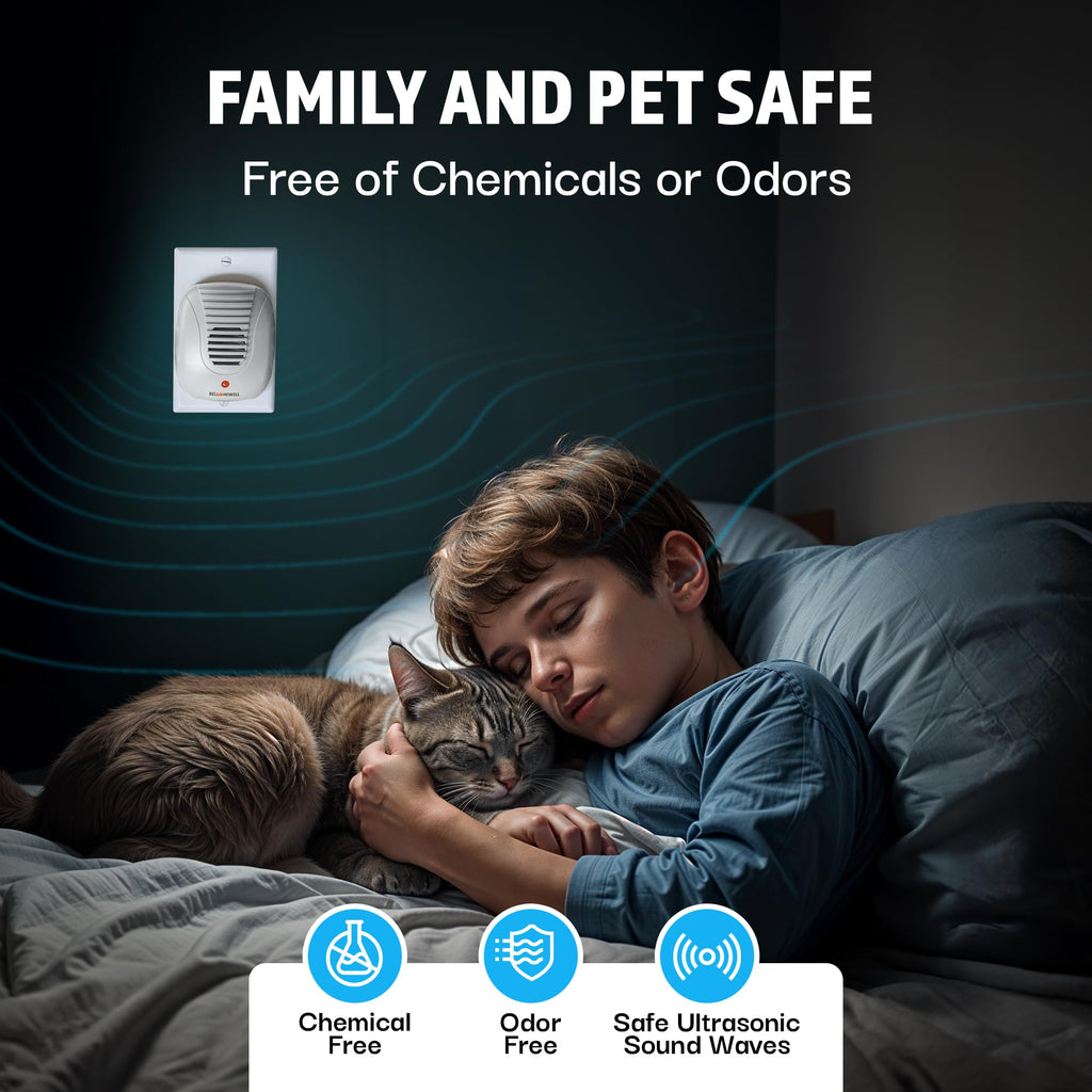 Bell + Howell Ultrasonic Pest Repeller in official packaging, promoting a family and pet-safe environment. Available at Curat Cart.