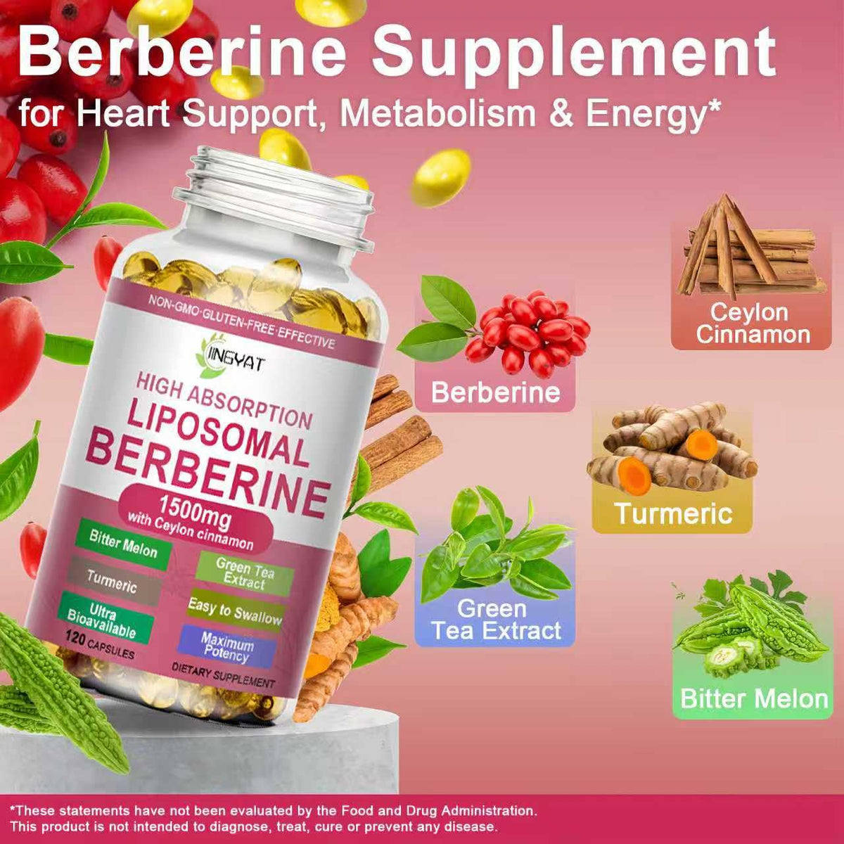 High absorption Berberine with Ceylon Cinnamon, specially curated by Curat Cart for heart support and energy. Experience premium quality.