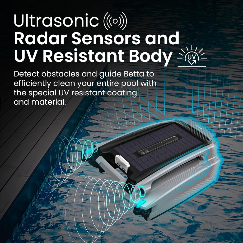 Betta SE Plus Solar Pool Skimmer features ultrasonic radar sensors and UV resistant body for efficient pool cleaning. Available at Curat Cart.