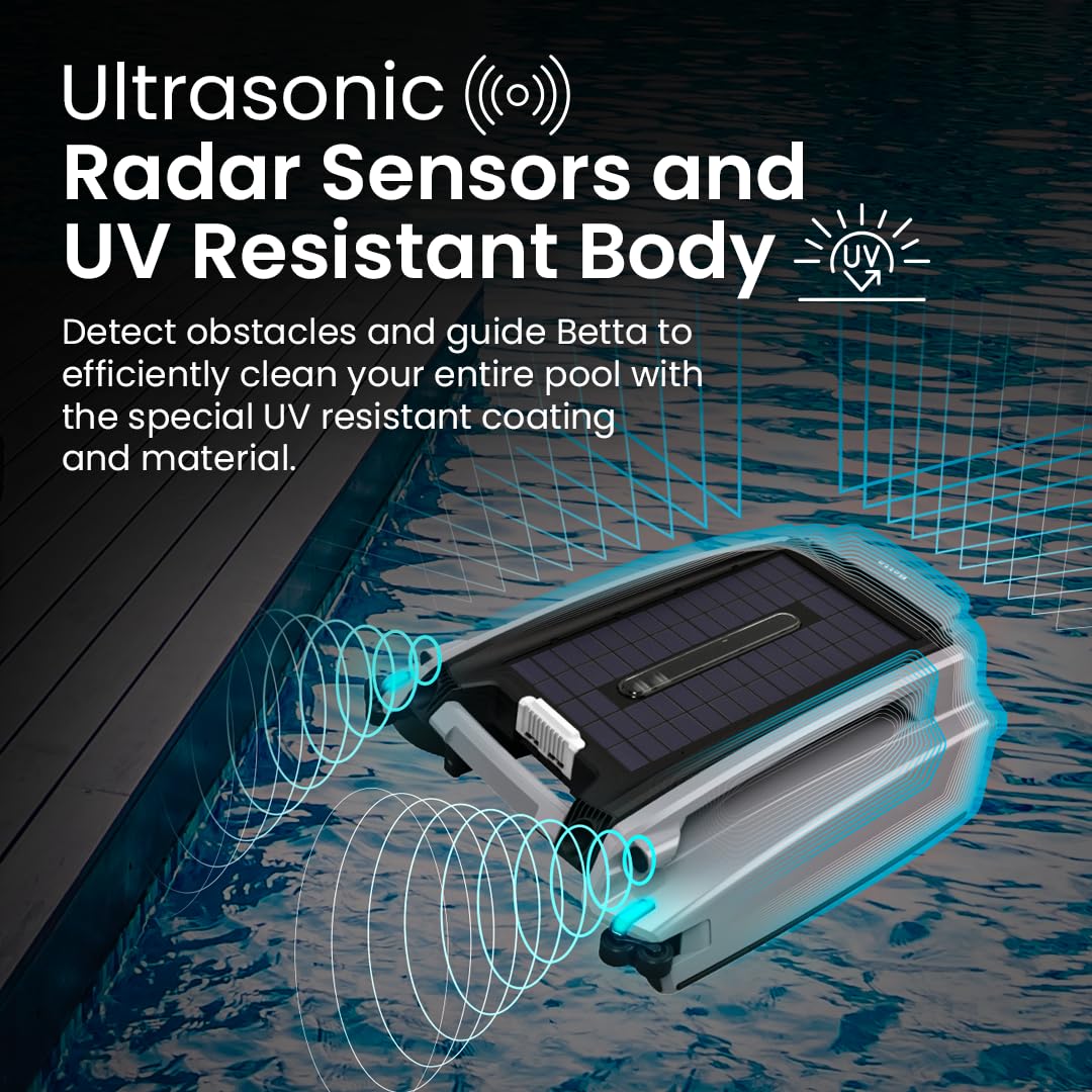Betta SE Plus Solar Pool Skimmer features ultrasonic radar sensors and UV resistant body for efficient pool cleaning. Available at Curat Cart.