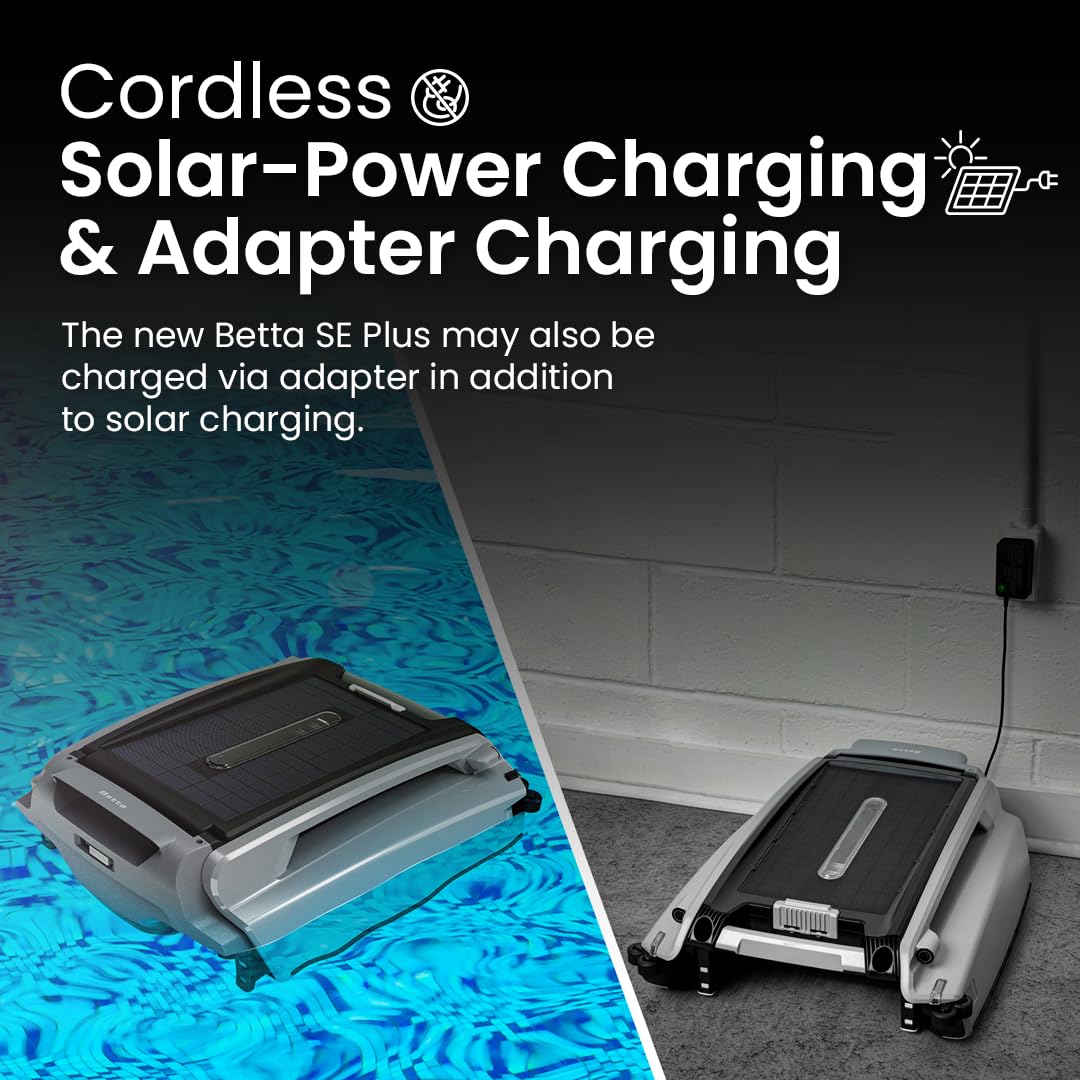 The Betta SE Plus Solar Pool Skimmer features high-quality solar power charging, showcased in sleek packaging. Available at Curat Cart.