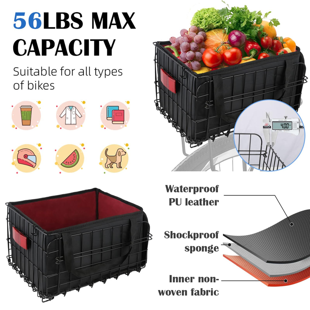 Durable Folding Bicycle Basket with Liner, 56 lbs capacity, 100% Authentic and available in India at Curat Cart.