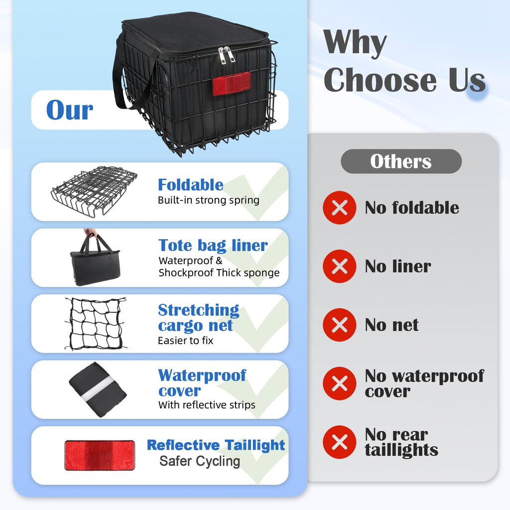 Folding Bicycle Basket with Liner features strong spring, waterproof material, and reflective taillight. Available at Curat Cart.