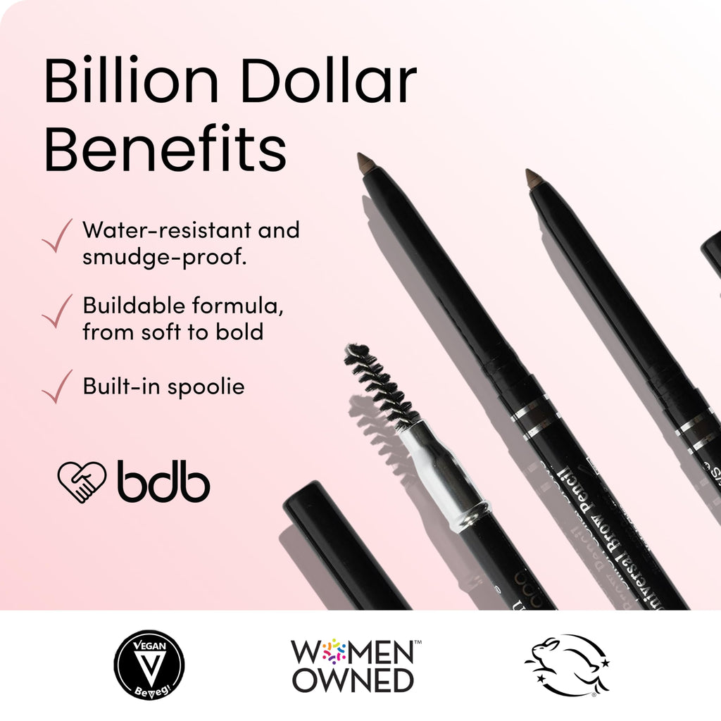 Billion Dollar Brows Universal Eyebrow Pencil displays water-resistant, smudge-proof features with a built-in spoolie for versatile styling.