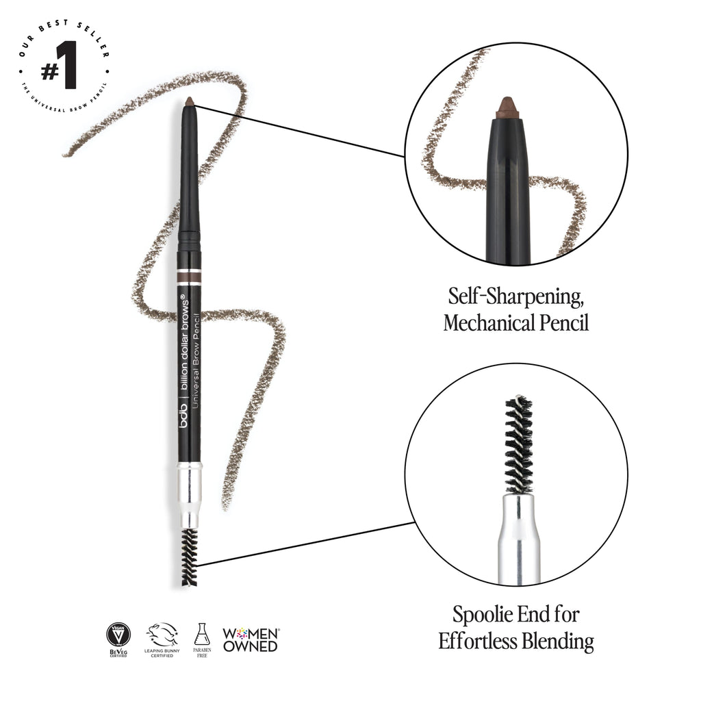 Billion Dollar Brows Universal Eyebrow Pencil with spoolie for blending, self-sharpening feature, and trusted by CuratCart.