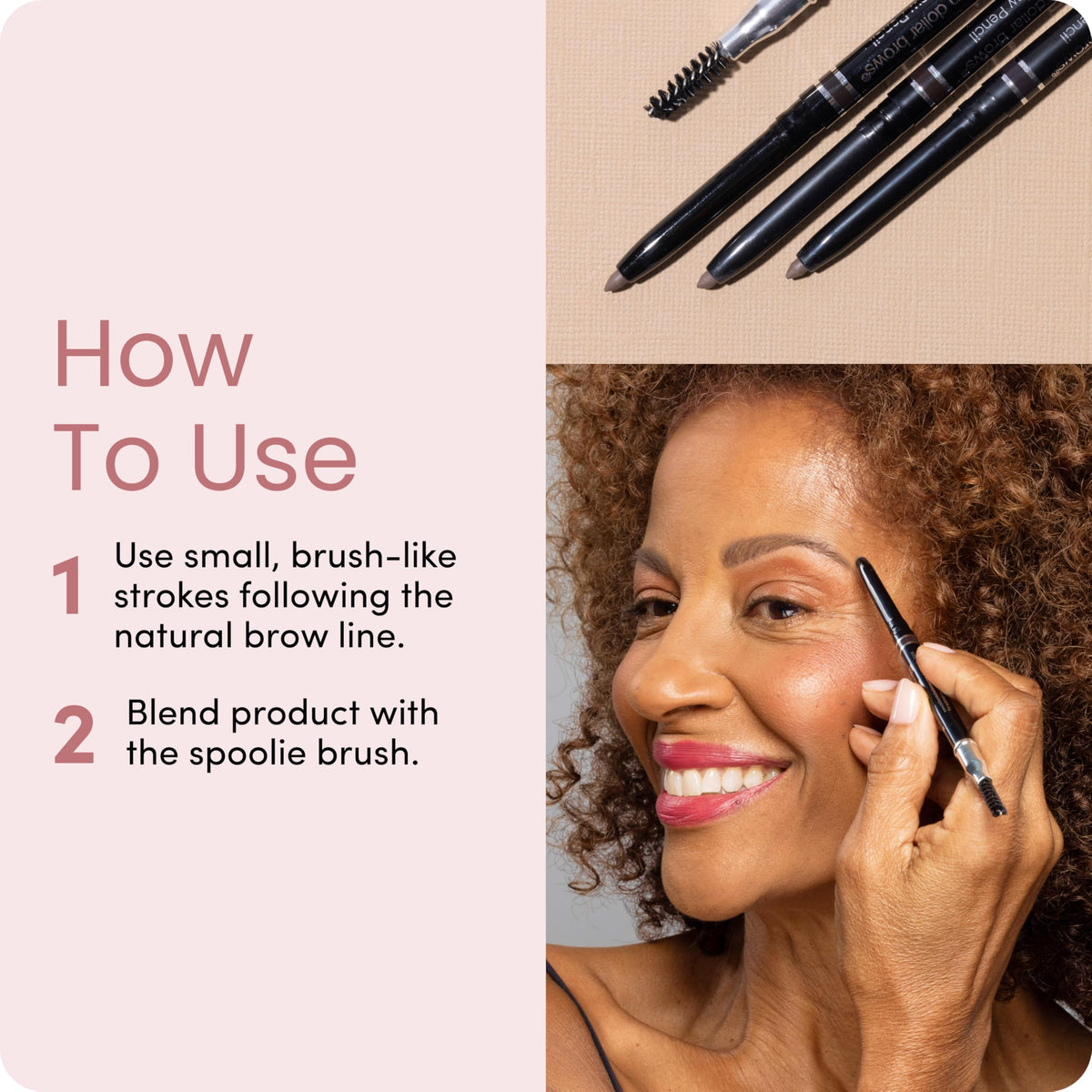 Step-by-step use of Billion Dollar Brows Universal Eyebrow Pencil showcasing authentic application techniques and tools.