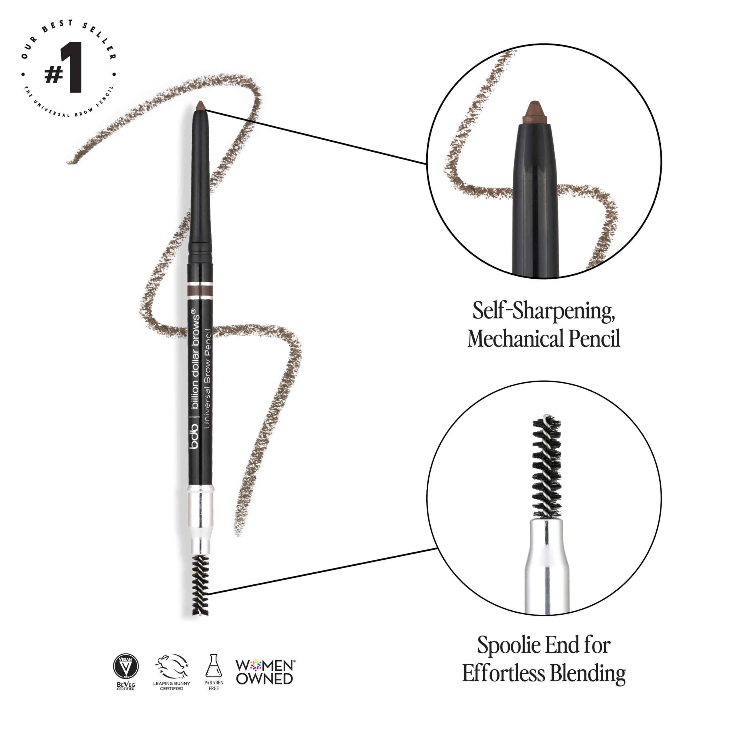 Billion Dollar Brows Universal Eyebrow Pencil features a self-sharpening design and spoolie end. Order online for quick delivery.