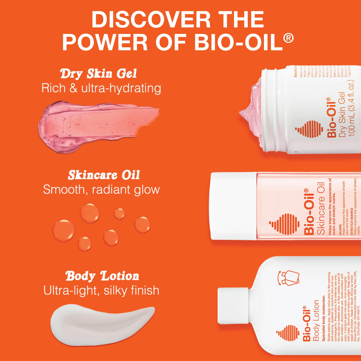 Discover Bio-Oil products: Dry Skin Gel, Skincare Oil, and Body Lotion. Available online for hydration and smooth skin.