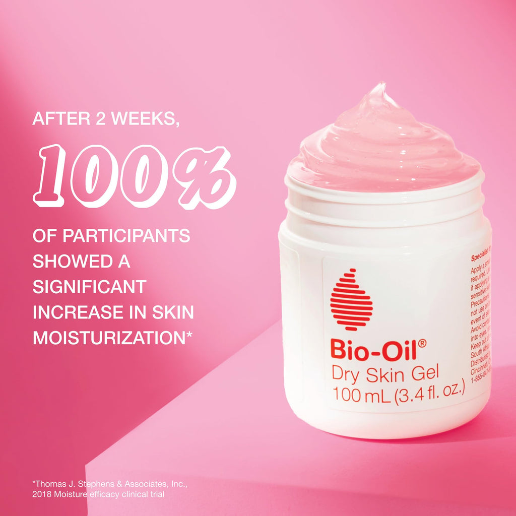 Bio-Oil Dry Skin Gel in a stylish jar against a pink background, highlighting hydration results. Verified by CuratCart.