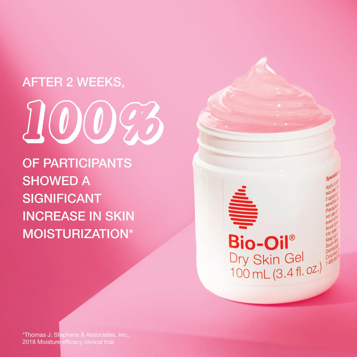 Bio-Oil Dry Skin Gel in a stylish jar against a pink background, highlighting hydration results. Verified by CuratCart.
