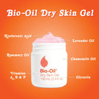 Bio-Oil Dry Skin Gel in official packaging contains hydrating ingredients like hyaluronic acid and lavender oil.