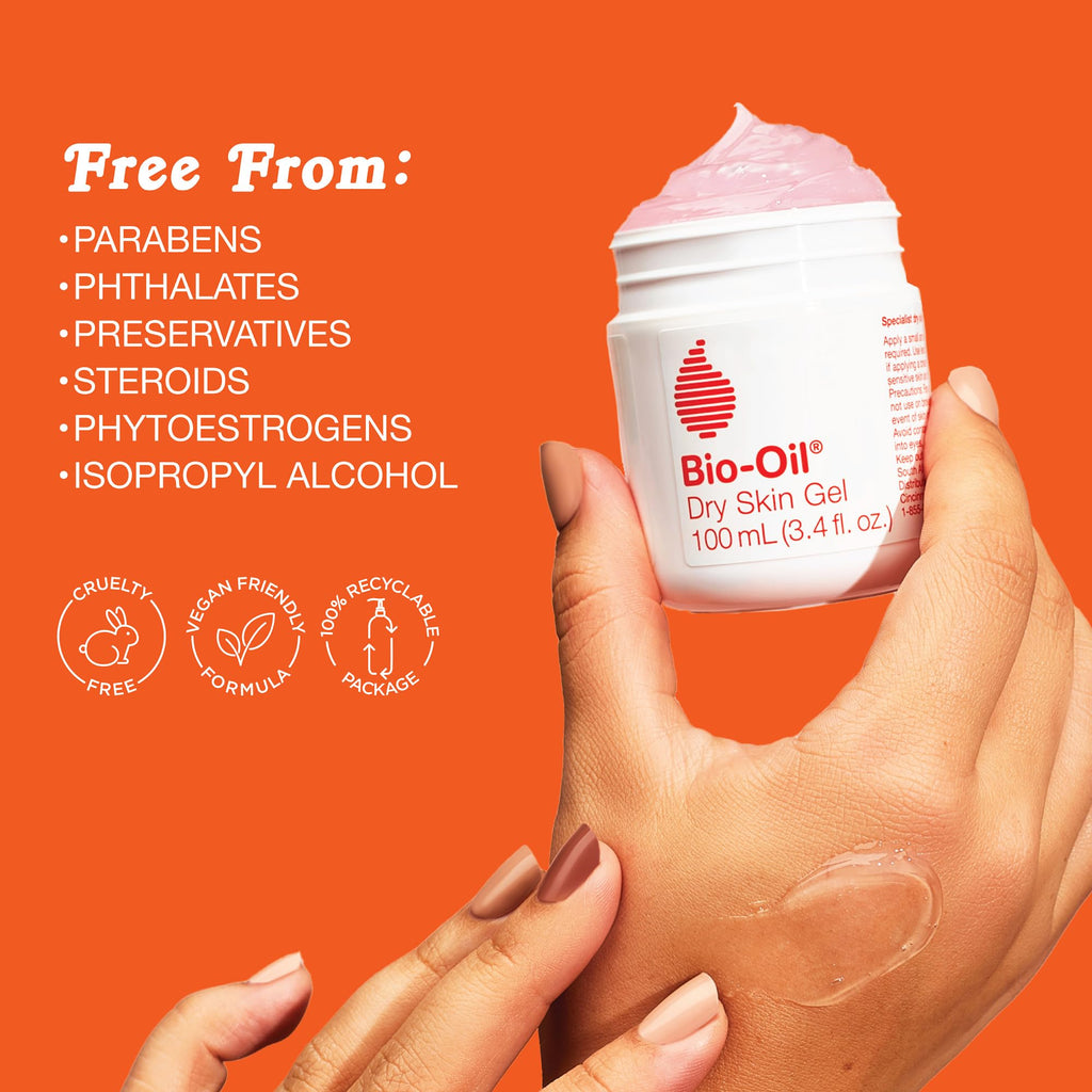 Bio-Oil Dry Skin Gel in a jar, showing moisturizer on hand. Free from harmful ingredients, cruelty-free, and vegan-friendly.