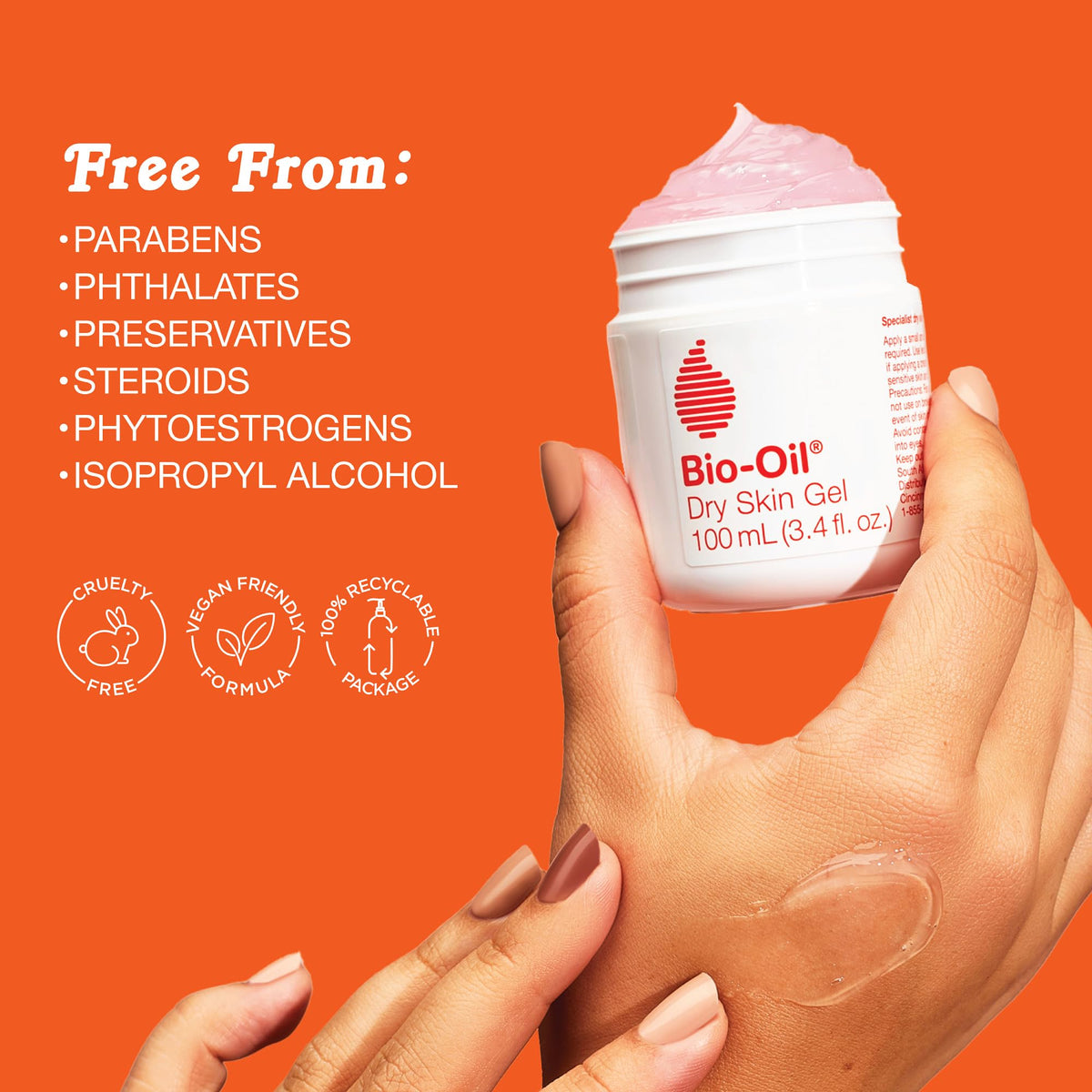 Bio-Oil Dry Skin Gel in a jar, showing moisturizer on hand. Free from harmful ingredients, cruelty-free, and vegan-friendly.