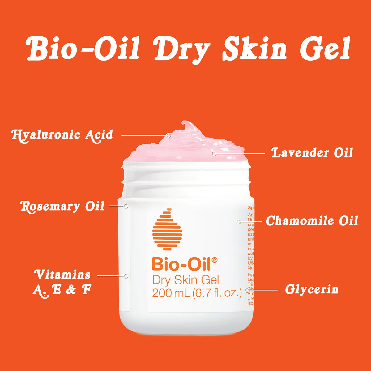 Bio-Oil Dry Skin Gel, 200 mL jar featuring key ingredients: Hyaluronic Acid, Lavender Oil, Rosemary Oil, Chamomile Oil, and vitamins A, B, F.