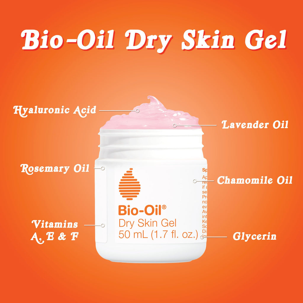 Bio-Oil Dry Skin Gel contains vitamins A, E, and F, with hydrating ingredients like hyaluronic acid and essential oils.