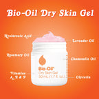 Bio-Oil Dry Skin Gel contains vitamins A, E, and F, with hydrating ingredients like hyaluronic acid and essential oils.